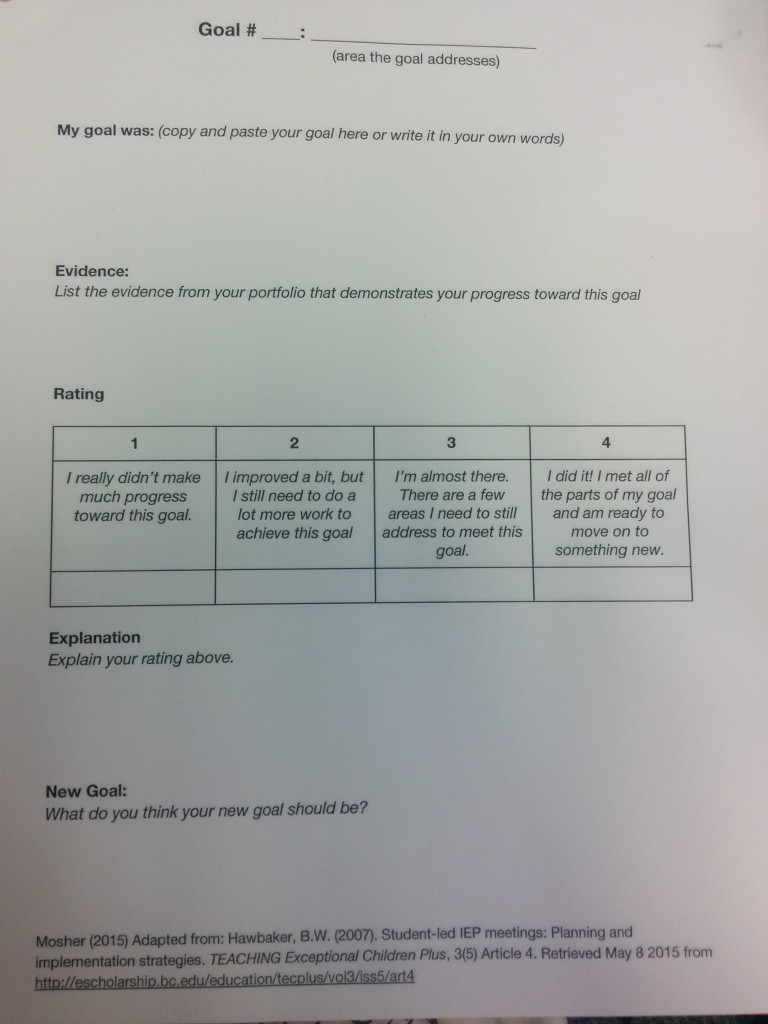 Student-centered IEP meeting goal self-evaluation sheet